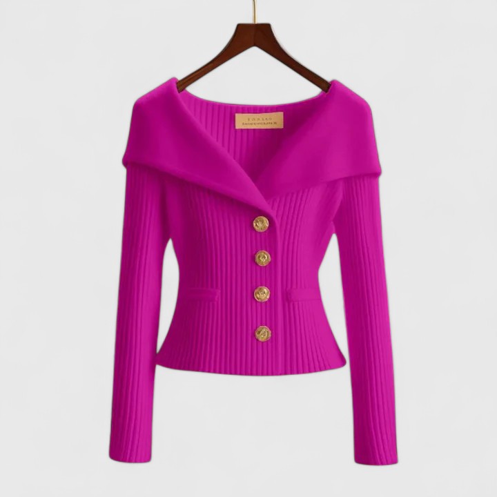 Sabrina | Elegant Off-Shoulder Button-Up Knit Cardigan