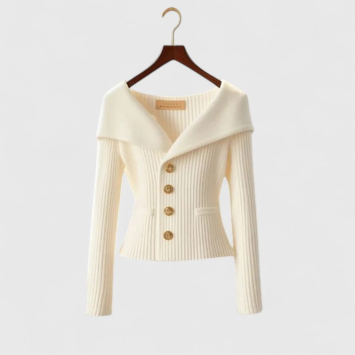 Sabrina | Elegant Off-Shoulder Button-Up Knit Cardigan
