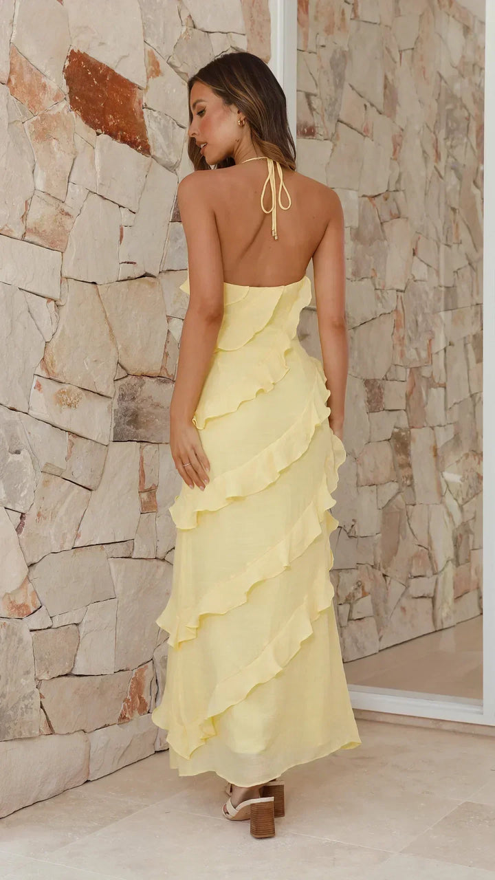 Juliette | Elegant Yellow Halter Ruffle Tiered Maxi Dress