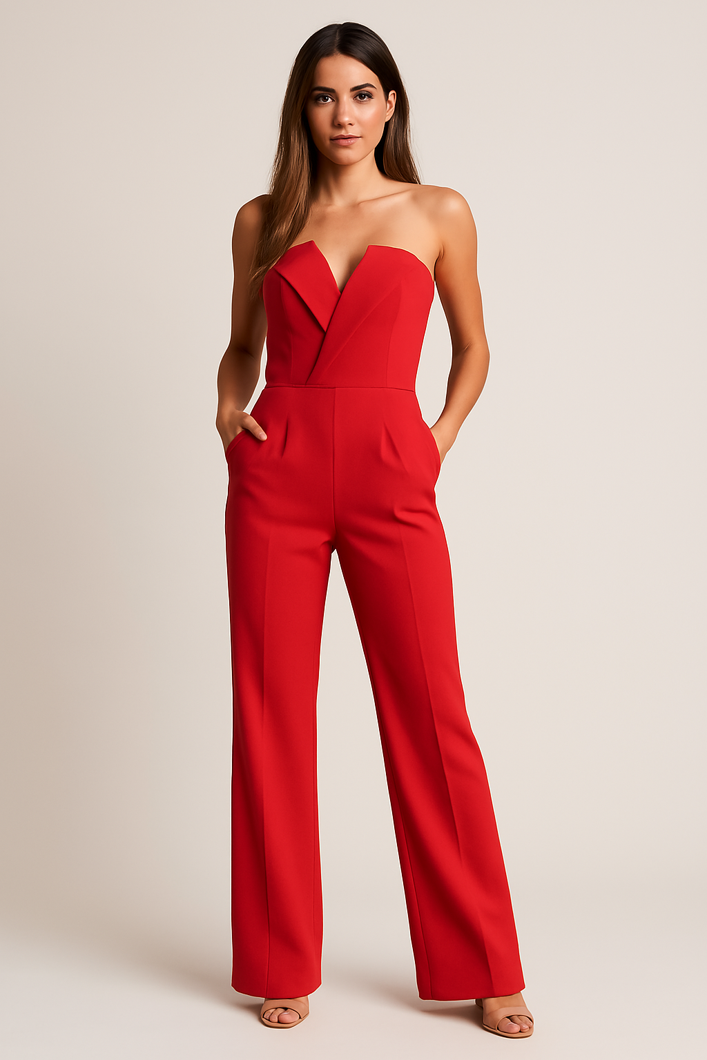Jordyn | Elegant Strapless V-Neck Wide Leg Jumpsuit Women