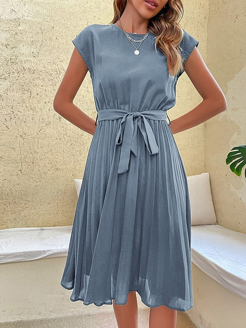 Margot | Elegant Pleated Midi Dress With Cap Sleeves And Belt