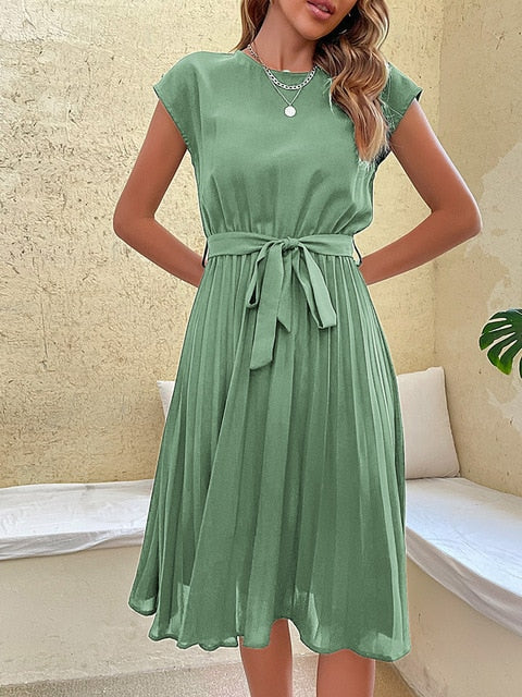 Margot | Elegant Pleated Midi Dress With Cap Sleeves And Belt