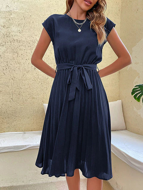 Margot | Elegant Pleated Midi Dress With Cap Sleeves And Belt