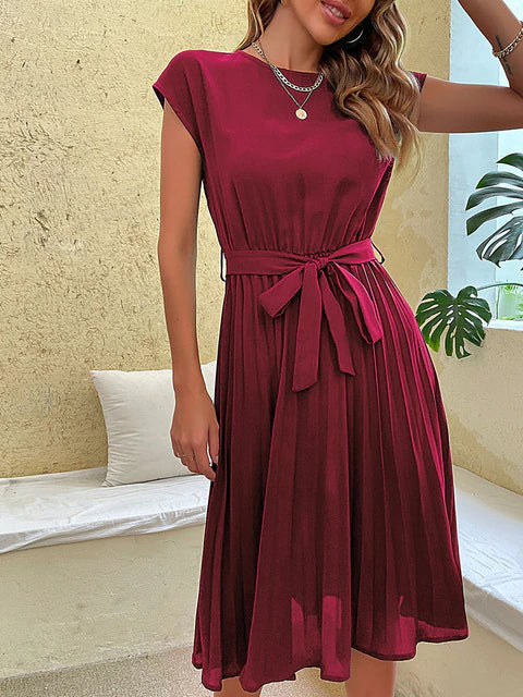 Margot | Elegant Pleated Midi Dress With Cap Sleeves And Belt