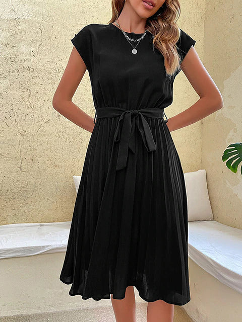 Margot | Elegant Pleated Midi Dress With Cap Sleeves And Belt