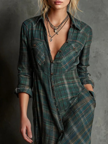 Molly | Elegant V-Neck Plaid Shirt Maxi Dress With Long Sleeves