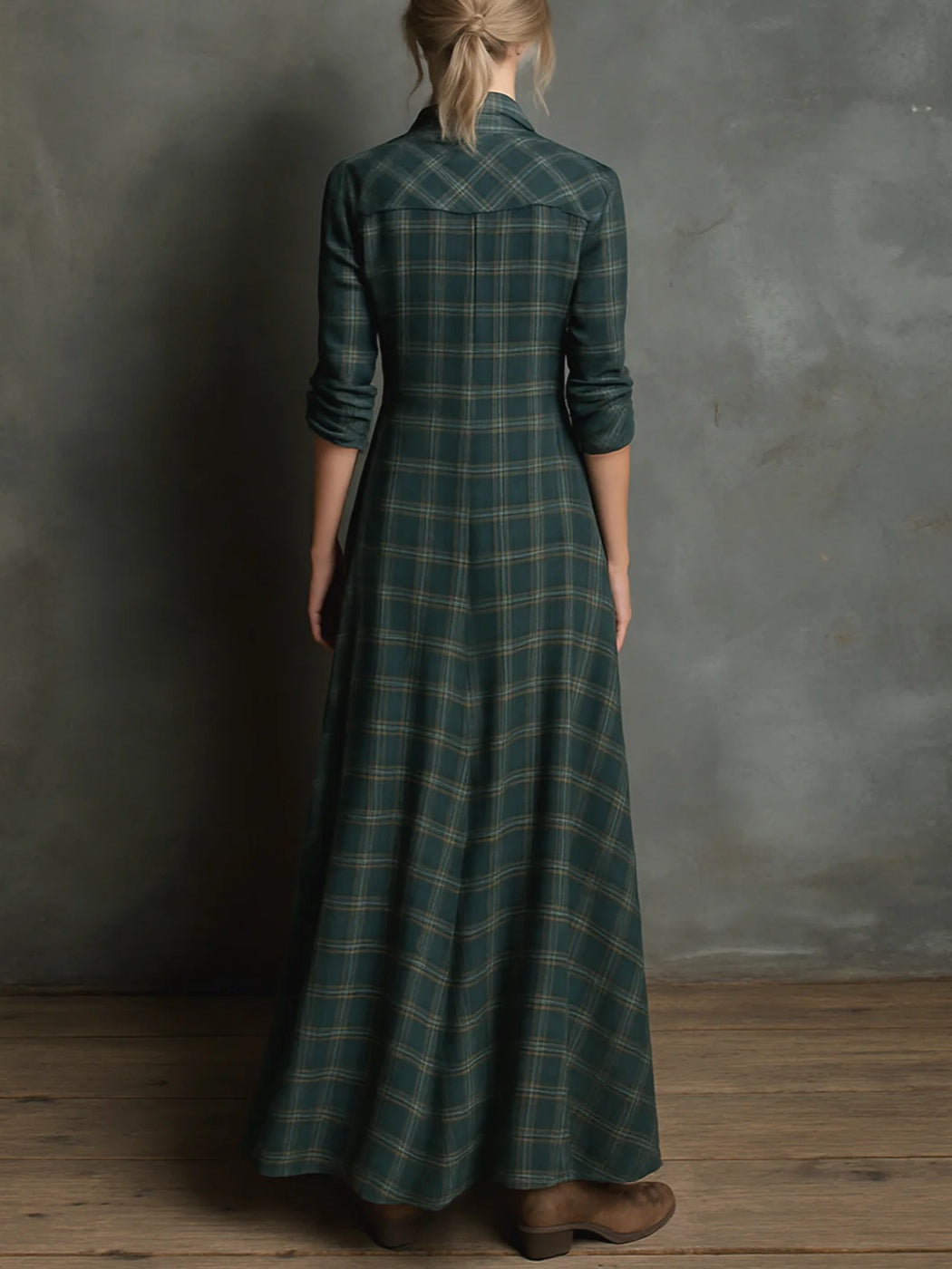 Molly | Elegant V-Neck Plaid Shirt Maxi Dress With Long Sleeves