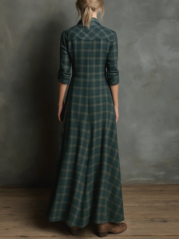 Molly | Elegant V-Neck Plaid Shirt Maxi Dress With Long Sleeves