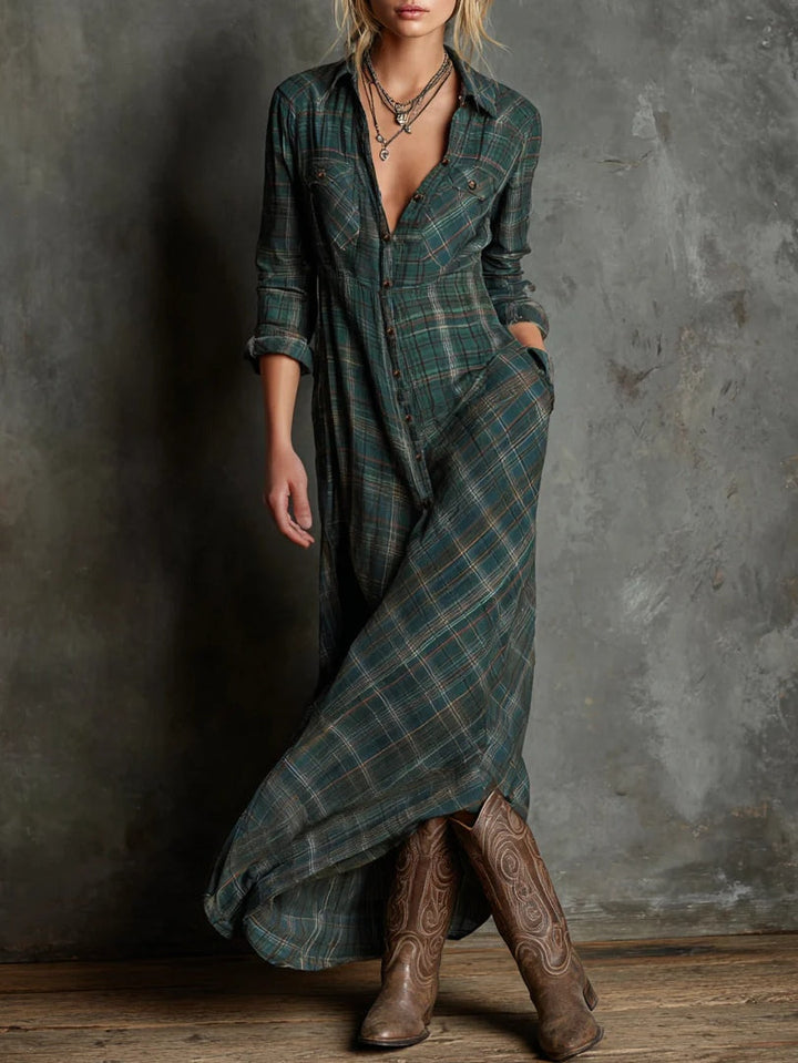 Molly | Elegant V-Neck Plaid Shirt Maxi Dress With Long Sleeves