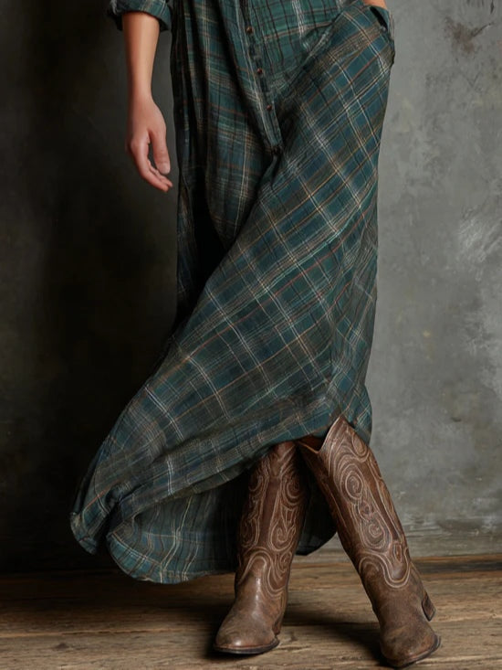 Molly | Elegant V-Neck Plaid Shirt Maxi Dress With Long Sleeves