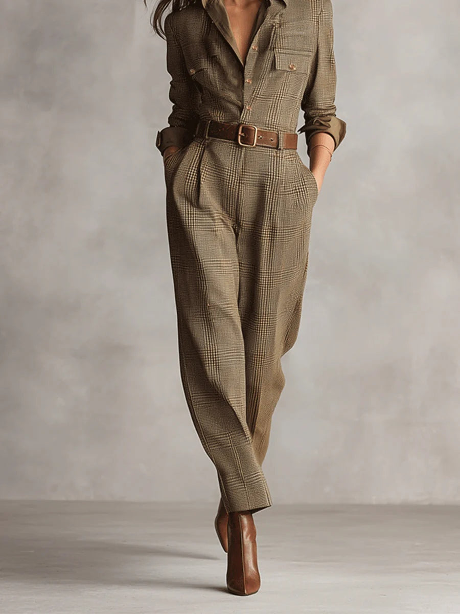 Theodora | Elegant Checked Utility Jumpsuit With Belted Waist