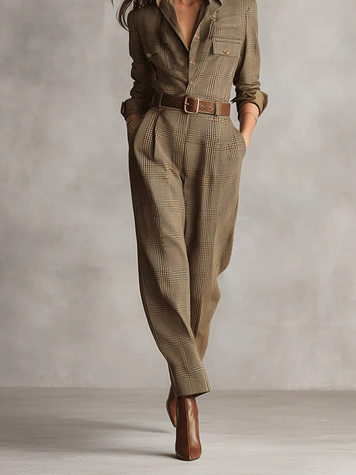 Theodora | Elegant Checked Utility Jumpsuit With Belted Waist
