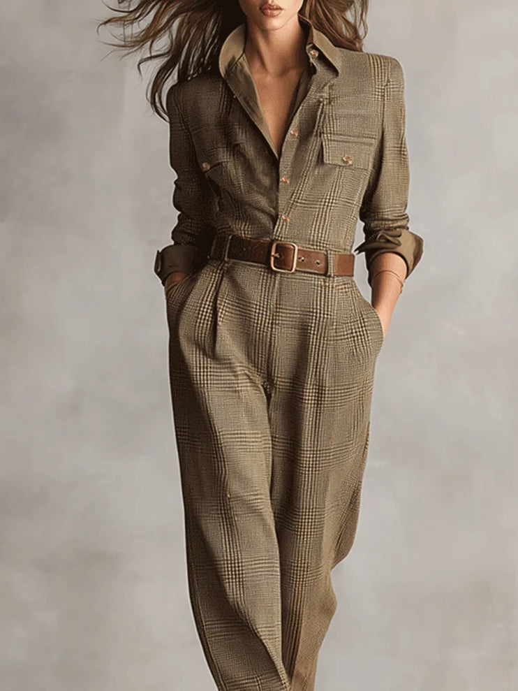 Theodora | Elegant Checked Utility Jumpsuit With Belted Waist