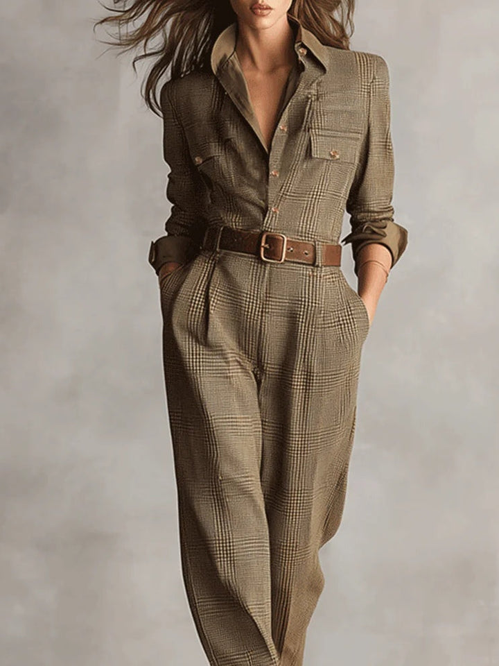 Theodora | Elegant Checked Utility Jumpsuit With Belted Waist