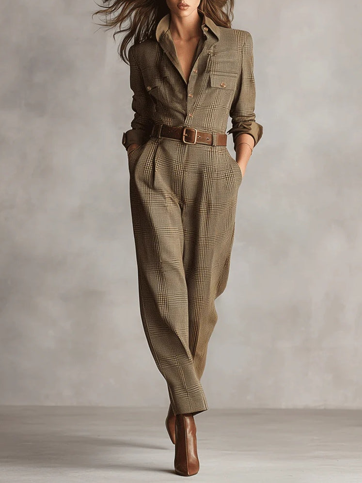 Theodora | Elegant Checked Utility Jumpsuit With Belted Waist