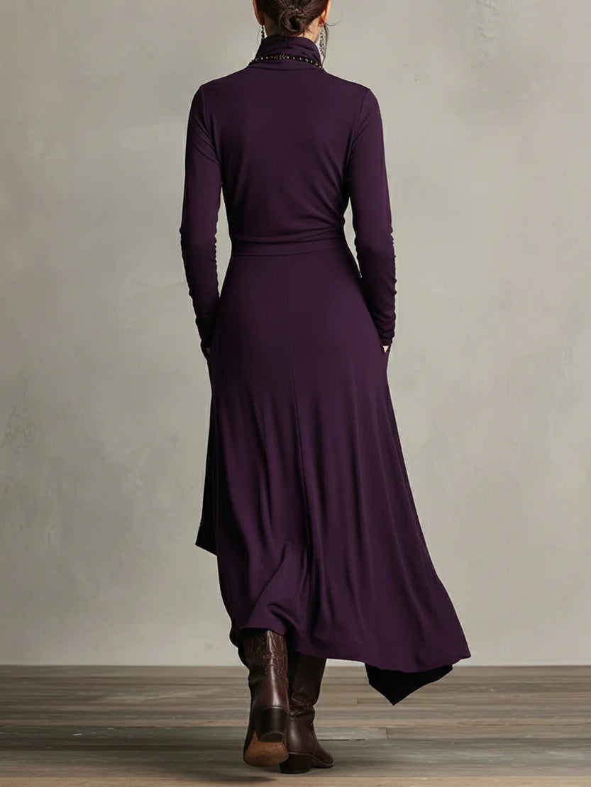 Beatrice | Elegant Purple Turtleneck Asymmetrical Maxi Dress