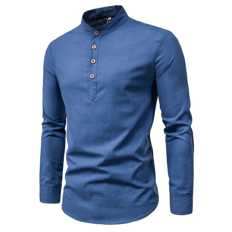 Evy | Elegant Men's White Linen Shirt With Mandarin Collar