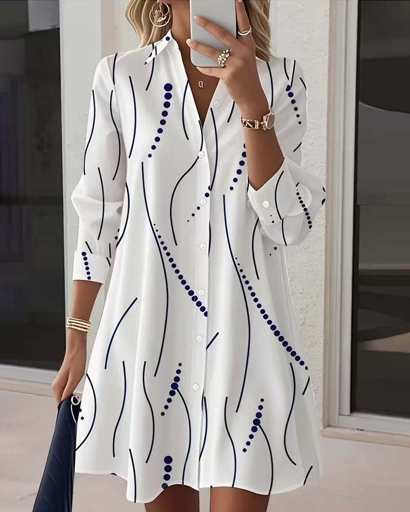 Kendra | Chic White Button-Up Shirt Dress With Wave Print