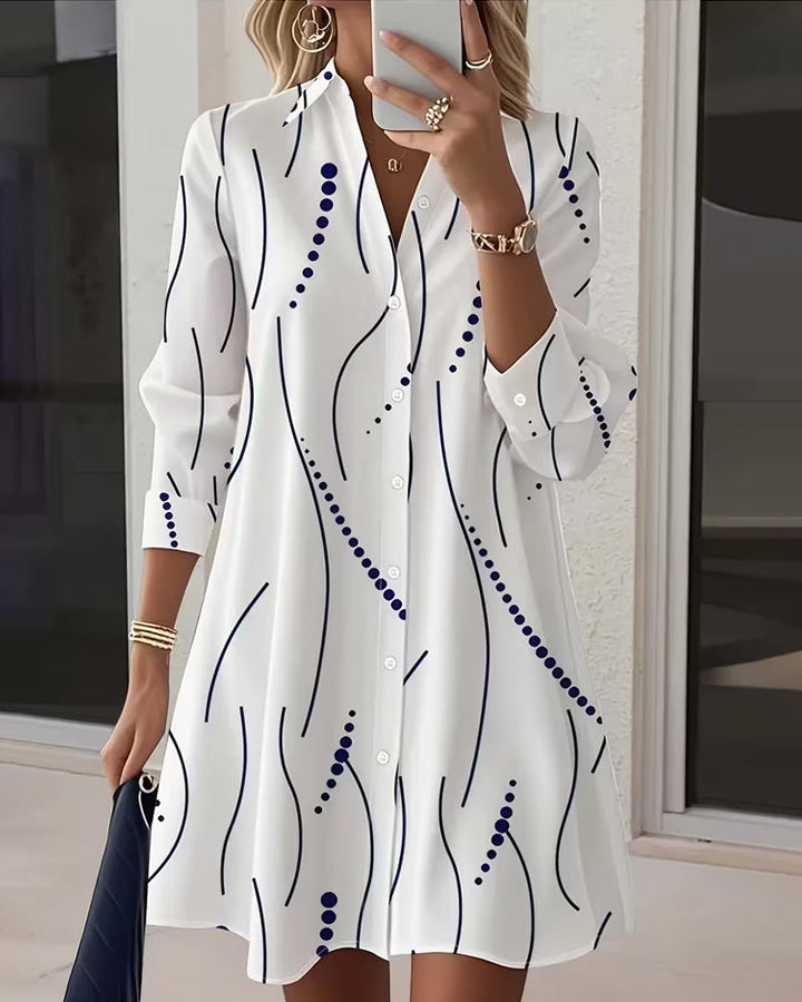 Kendra | Chic White Button-Up Shirt Dress With Wave Print