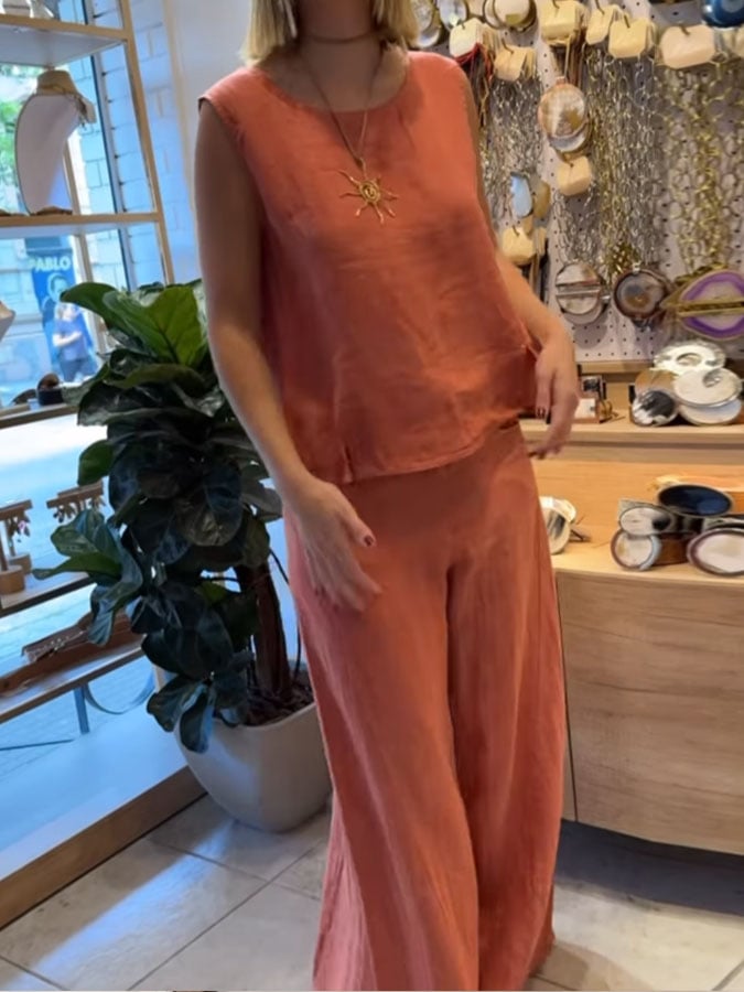 Naomi | Chic Sleeveless Wide Leg Linen Two Piece Set