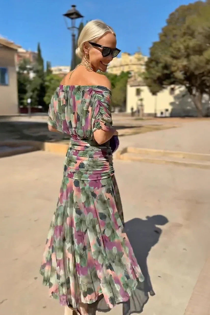 Theodora | Elegant Off-Shoulder Floral Print Maxi Dress