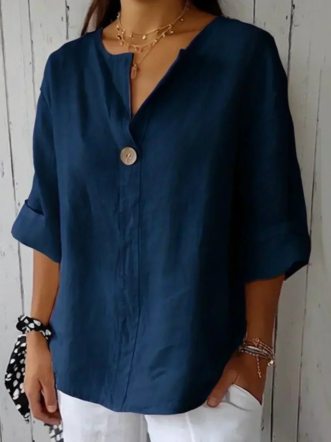 Maeve | Effortless V-Neck Linen Blouse With Button Detail