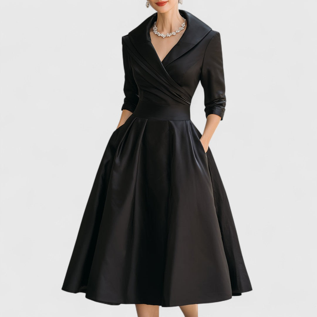 Leona | Elegant V-Neck Wrap Midi Dress With 3/4 Sleeves