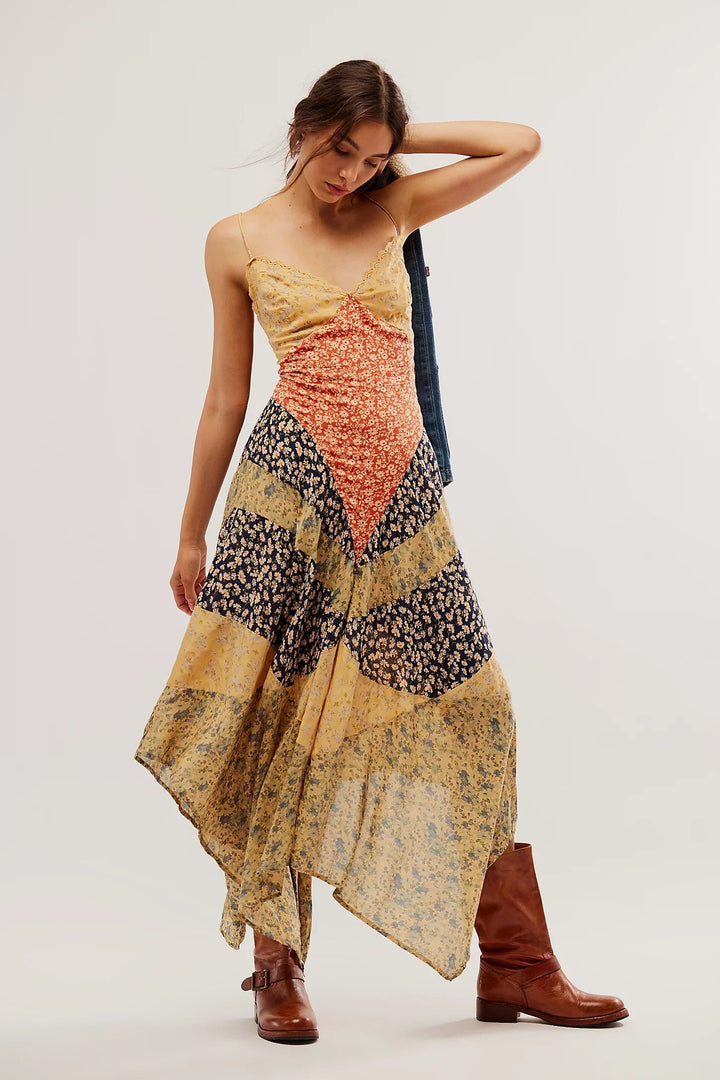 Sage | Stylish Patchwork Floral Maxi Dress With Backless Design