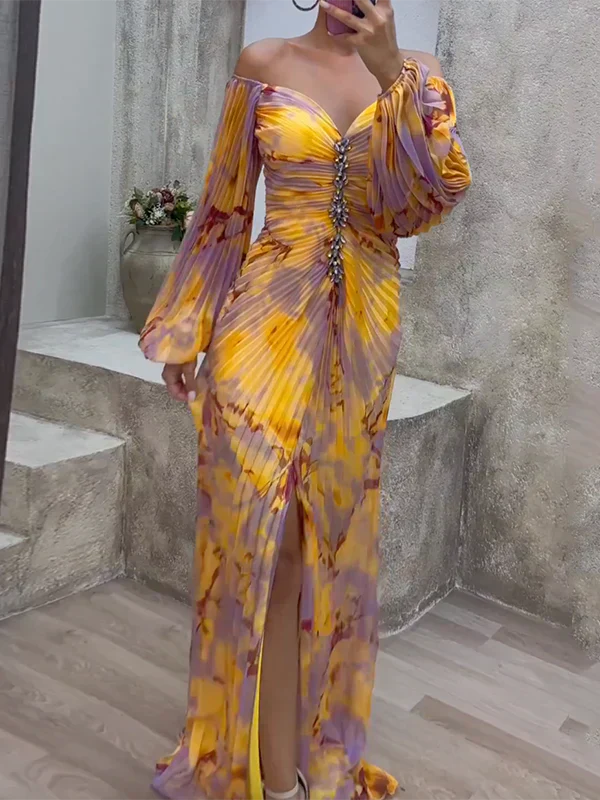 Sybil | Elegant Off-Shoulder Draped Maxi Gown With V-Neck
