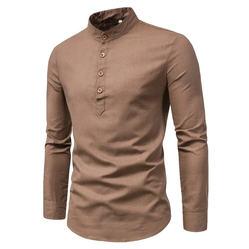 Evy | Elegant Men's White Linen Shirt With Mandarin Collar