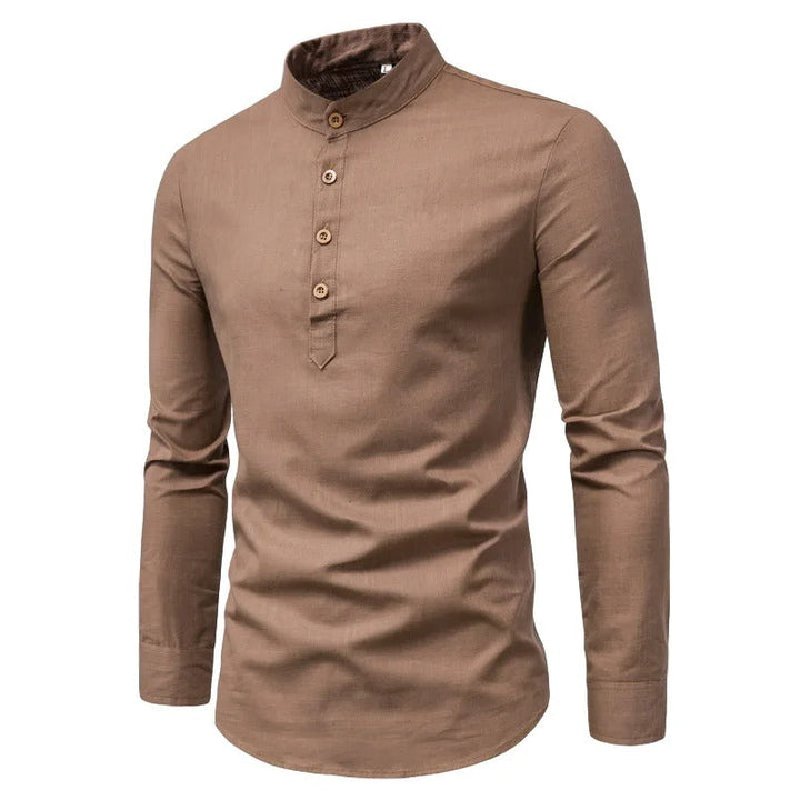 Evy | Elegant Men's White Linen Shirt With Mandarin Collar