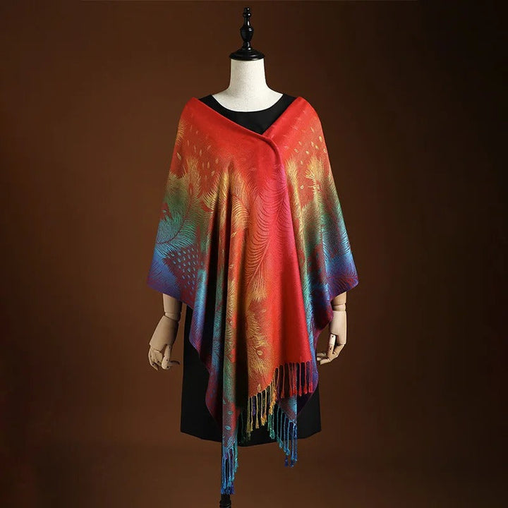 Hazel | Elegant Peacock Feather Cashmere Scarf With Fringe