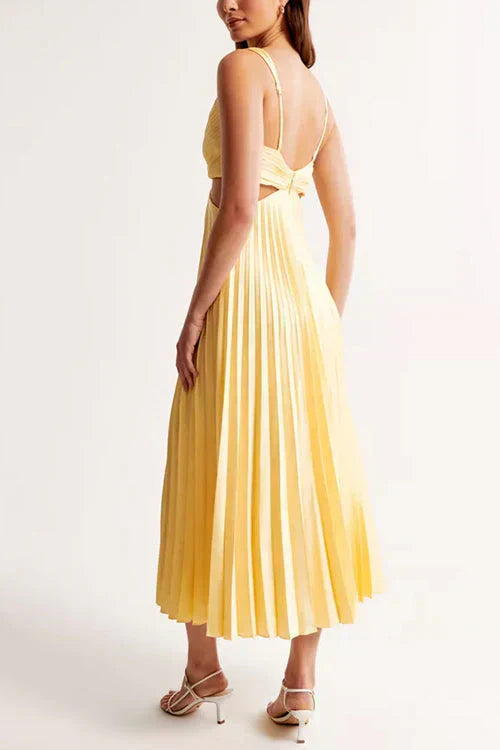 Isla | Elegant V-Neck Pleated Midi Dress With Cutout Detail