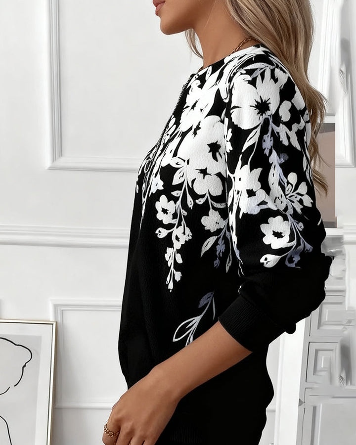 Sybil | Chic Floral Print Half Zip Sweatshirt With Long Sleeves