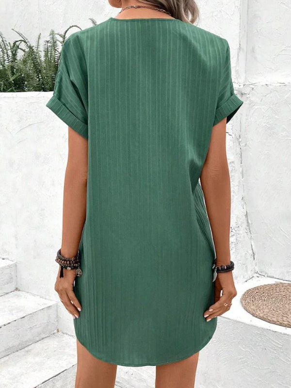 Lyla | Relaxed V-Neck Ribbed Mini Dress With Short Sleeves