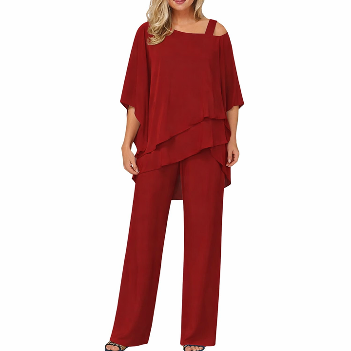 Evy | Elegant Off-Shoulder Tiered Coord Set With Wide Leg Pants