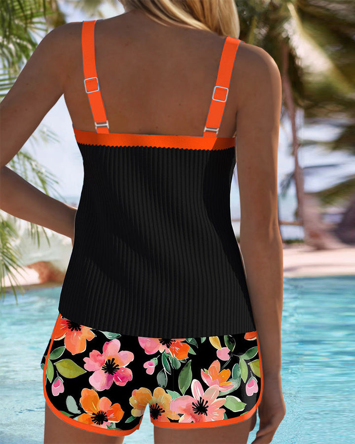 Ophelia | Elegant Ribbed Tankini With Floral Print Swim Shorts