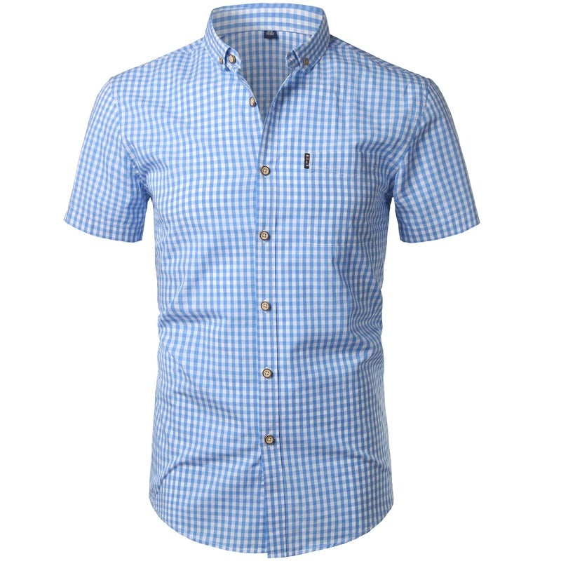 Imogen | Stylish Light Blue Gingham Short Sleeve Button-Down Shirt