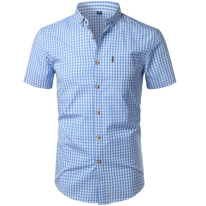 Imogen | Stylish Light Blue Gingham Short Sleeve Button-Down Shirt