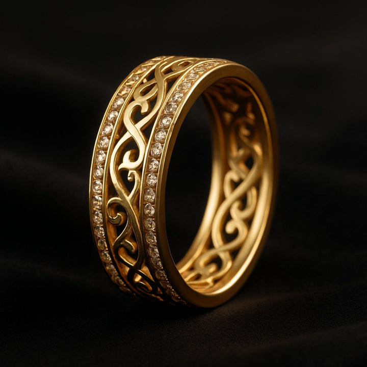 Margot | Elegant Hollow Filigree Gold Band Ring With Crystals