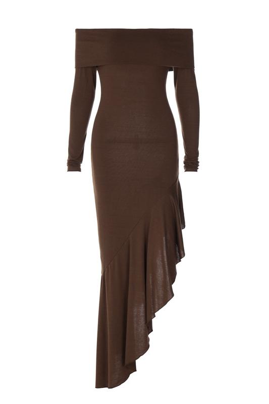 Alisa | Elegant Off-Shoulder Asymmetrical Knit Midi Dress