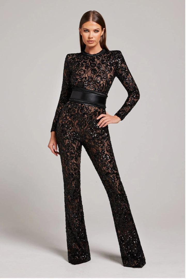 Ophelia | Elegant Sequined Lace Long Sleeve Jumpsuit - Fitted