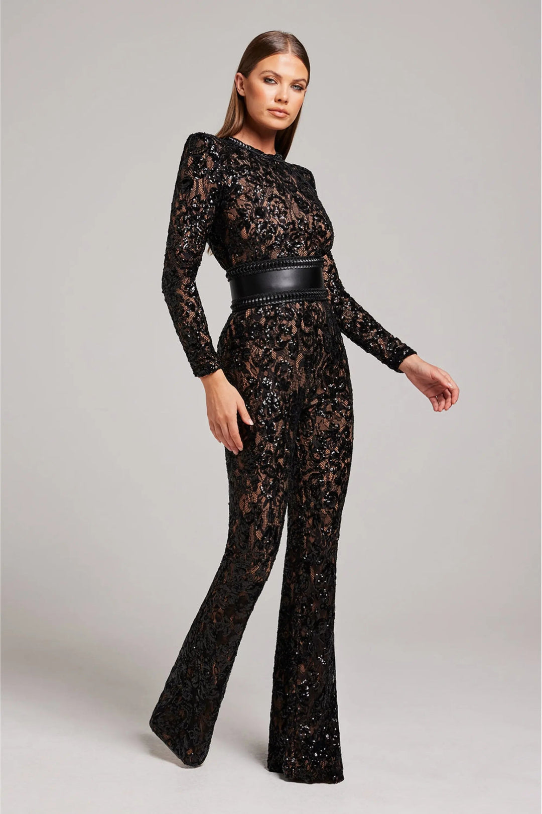 Ophelia | Elegant Sequined Lace Long Sleeve Jumpsuit - Fitted