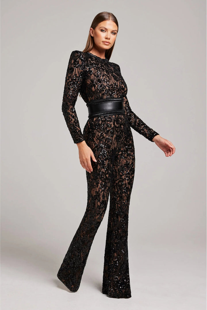 Ophelia | Elegant Sequined Lace Long Sleeve Jumpsuit - Fitted