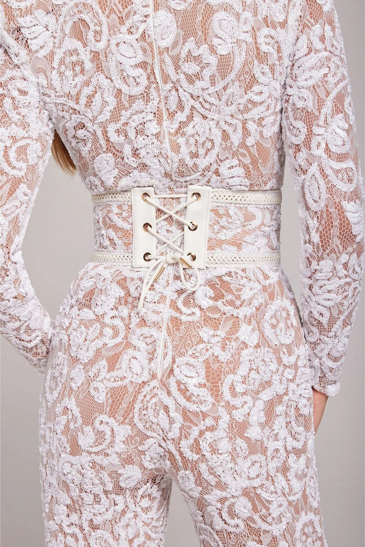 Ophelia | Elegant Sequined Lace Long Sleeve Jumpsuit - Fitted