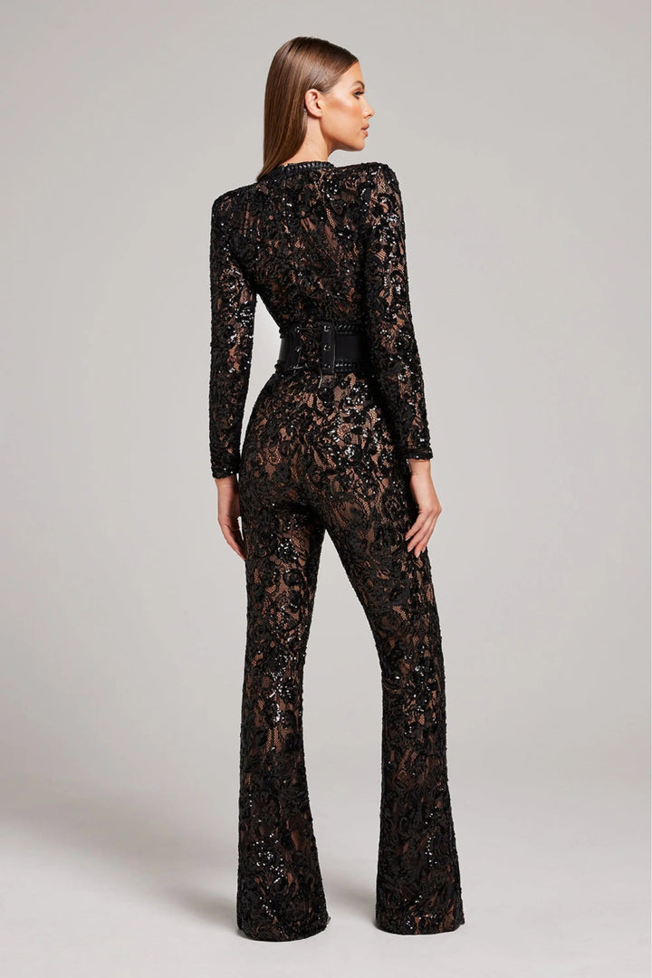 Ophelia | Elegant Sequined Lace Long Sleeve Jumpsuit - Fitted