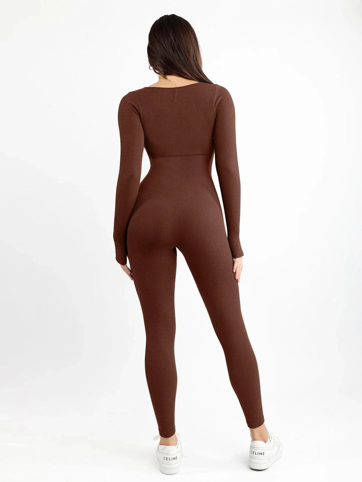 Florence | Elegant Square Neck Long Sleeve Ribbed Jumpsuit