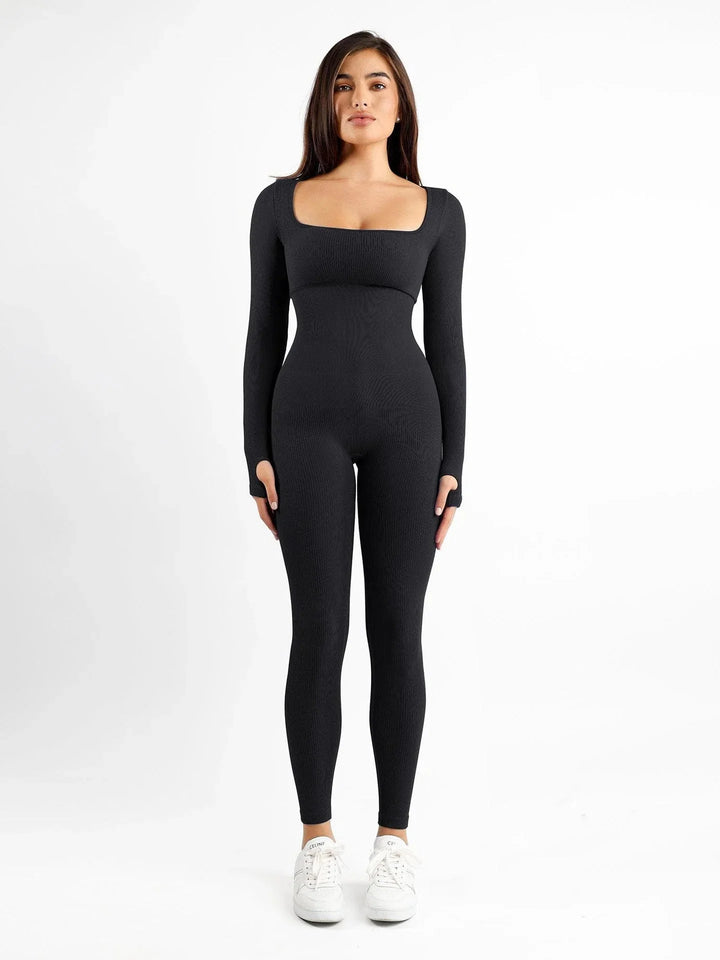 Florence | Elegant Square Neck Long Sleeve Ribbed Jumpsuit