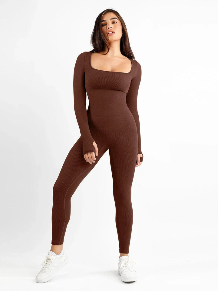 Florence | Elegant Square Neck Long Sleeve Ribbed Jumpsuit