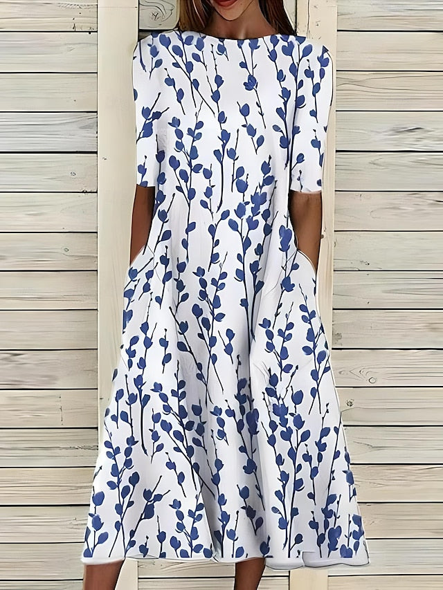 Hannah | Elegant Blue Floral Midi Dress With Round Neckline